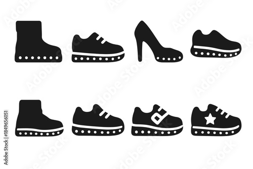 LED Footwear Icons. LED footwear silhouettes. Filled icon set of LED footwear silhouettes: boot silhouette,