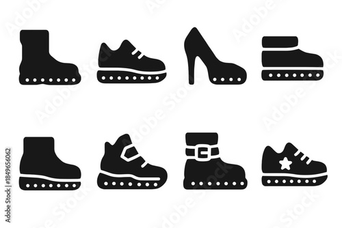 LED Footwear Icons. LED footwear silhouettes. Filled icon set of LED footwear silhouettes: boot silhouette,