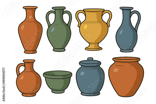 Collection of Ancient Pottery Vases and Bowls