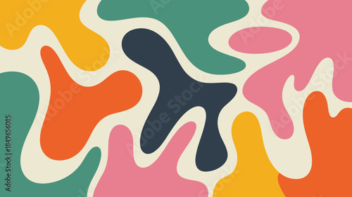 Abstract organic shapes in vibrant retro colors on a cream background blobs fluid