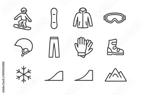 Stylish Winter Icons. Stylish winter riders. Line outline icon set of Stylish winter riders: snowboarder,