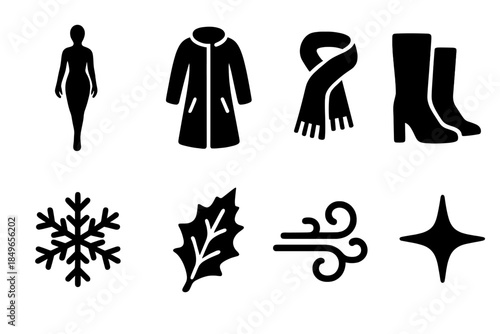 Winter Fashion Icons. Winter runway fashion. Filled icon set of winter runway fashion: model figure, coat