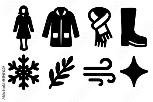 Winter Fashion Icons. Runway winter look. Filled icon set of runway winter look: model outline, coat block,