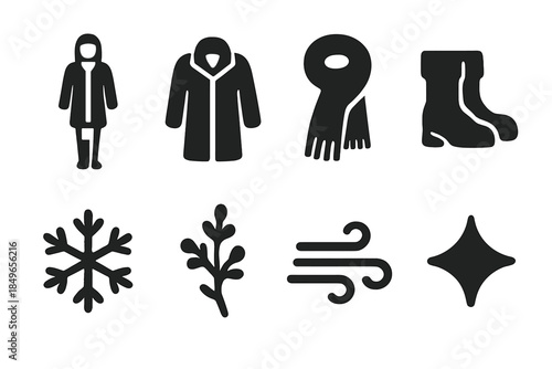 Winter Fashion Icons. Runway winter look. Filled icon set of runway winter look: model outline, coat block,