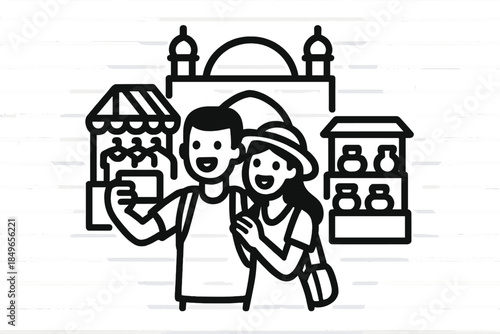 Couple taking a selfie at a market with stalls and buildings in the background