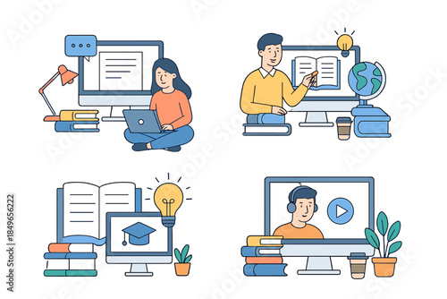 Online learning and education concept with people studying remotely