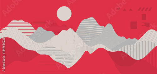 Abstract Geometric Mountain Landscape In Red And Grey With Sun mountains