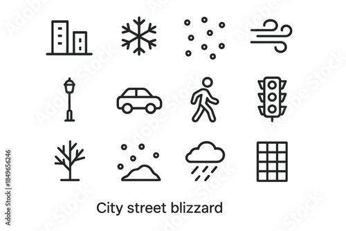 City Blizzard Icons. City street blizzard. Line outline icon set of City street blizzard: skyline, snowflake,