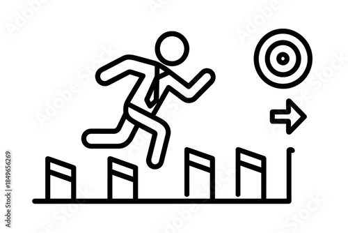 Businessman jumping over hurdles towards a goal