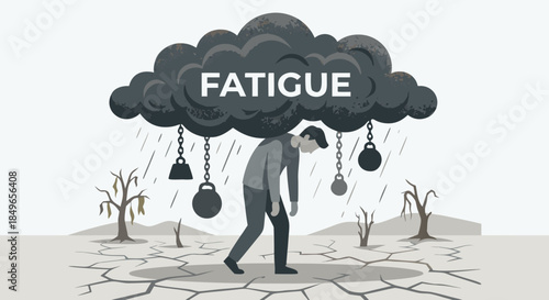 Fatigue and Burnout Metaphor with Heavy Cloud and Tired Man Illustration