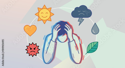 Overwhelmed Person Holding Head Surrounded by Emotions, Mental Stress Illustration
