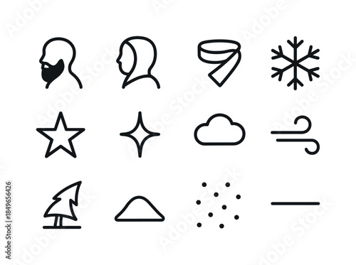 Bearded Snow Icon Grid. Bearded figure in harsh snow. Line outline icon set of Bearded figure in harsh snow: