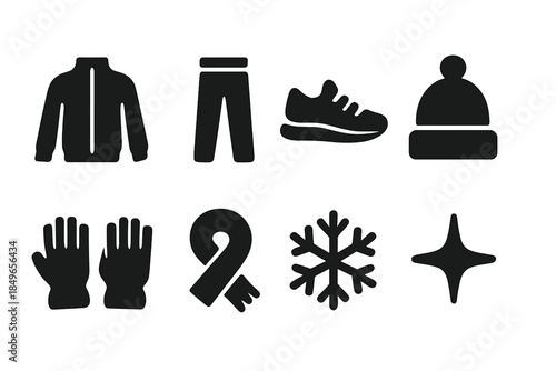 Sporty Winter Icons. Sporty cold-weather looks. Filled icon set of sporty cold-weather looks: athletic jacket,