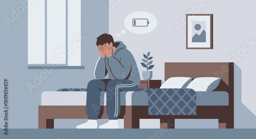 Depressed Man Sitting on Bed, Mental Health and Sadness Illustration