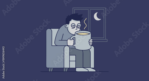 Lonely Man Sitting on Couch at Night, Depression and Isolation Illustration