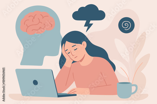 Stressed Woman Working on Laptop, Anxiety and Mental Overload Illustration