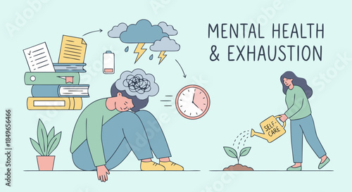 Mental Health and Exhaustion Concept with Overworked People Illustration
