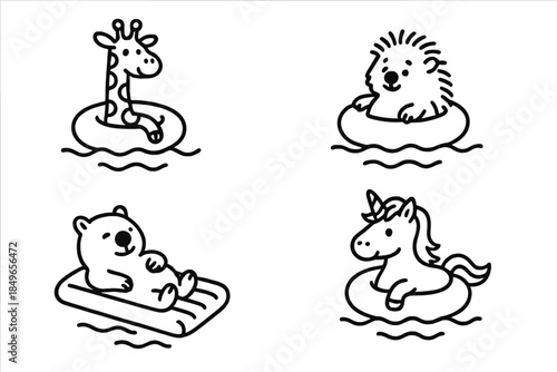 Cute cartoon animals floating on inflatable toys in water