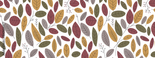 Autumn leaves and berries pattern in muted colors on white background fall