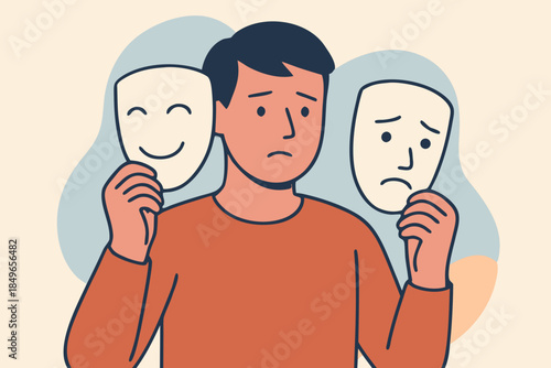 Man Holding Masks Showing Different Emotions, Identity and Feelings Illustration