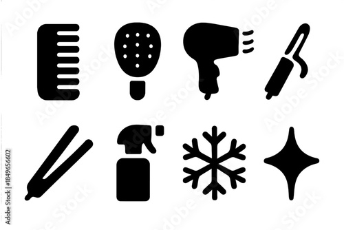 Cold-Proof Hair Tools. Cold-proof hair kit. Filled icon set of cold-proof hair kit: comb, brush, dryer,