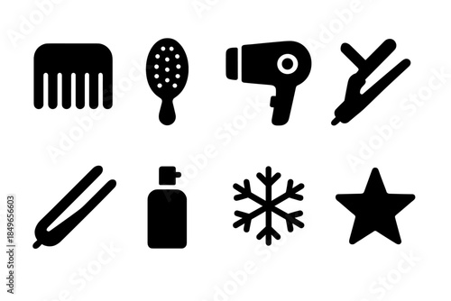 Winter Styling Tools. Frost-season styling tools. Filled icon set of frost-season styling tools: comb, brush,