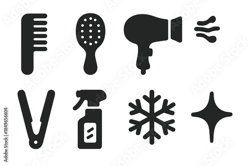 Cold-Proof Hair Tools. Cold-proof hair kit. Filled icon set of cold-proof hair kit: comb, brush, dryer,