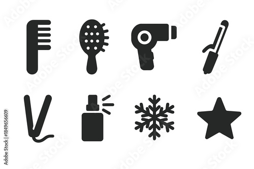 Winter Styling Tools. Frost-season styling tools. Filled icon set of frost-season styling tools: comb, brush,