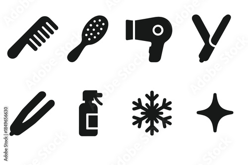 Chic Winter Hair Icons. Chic winter hair care. Filled icon set of chic winter hair care: comb line, brush line