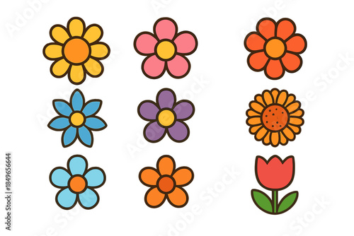Collection of stylized flowers on a blurred background