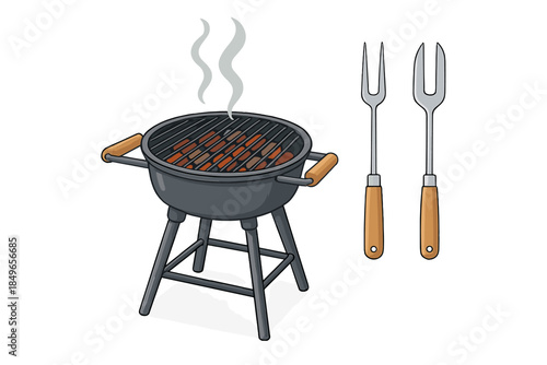 Barbecue grill with hot dogs and grilling forks