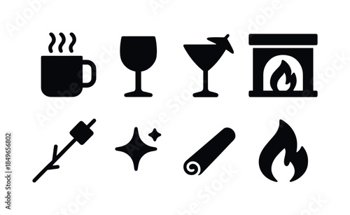 Fireside Drink Icons. Fireside festive drinks. Filled icon set of fireside festive drinks: cocoa cup, wine