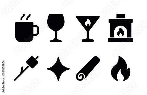 Festive Drink Icon Set. Festive fireplace drinks. Filled icon set of festive fireplace drinks: hot chocolate