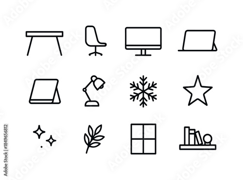 Winter Tech Icons. Winter tech office. Line outline icon set of Winter tech office: desk outline, ergonomic