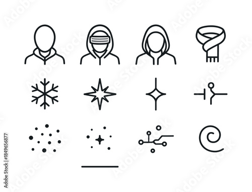 Digital Winter Icons. Digital winter cypher portraits. Line outline icon set of Digital winter cypher
