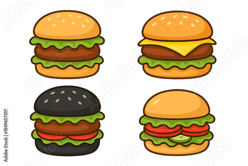 Four cartoon burgers on a dark background