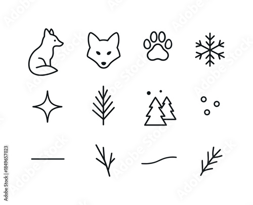 Foxy Winter Icons. Fox in frosty woods. Line outline icon set of Fox in frosty woods: fox outline, fox sitting