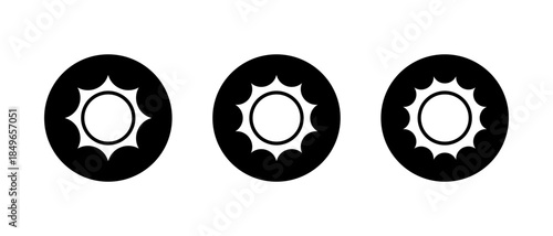 Sun icon set on black circle. Bright weather daylight symbol. Sunshine sign