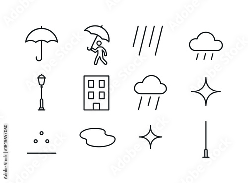 City Umbrella Icons. Umbrella moments in city. Line outline icon set of Umbrella moments in city: umbrella