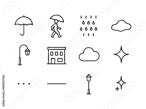 Umbrella Icon Collection. Umbrella street snapshots. Line outline icon set of Umbrella street snapshots:
