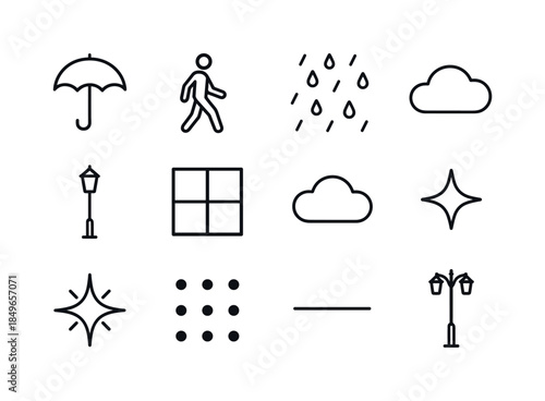 Urban Umbrella Icons. Urban umbrellas scene. Line outline icon set of Urban umbrellas scene: umbrella outline,