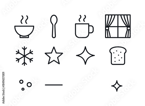 Cozy Holiday Icons. Warm holiday home scene. Filled icon set of warm holiday home scene: family figure, house