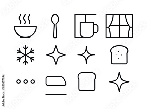 Cozy Soup Icons. Cozy soup at window. Line outline icon set of Cozy soup at window: bowl silhouette, steam,