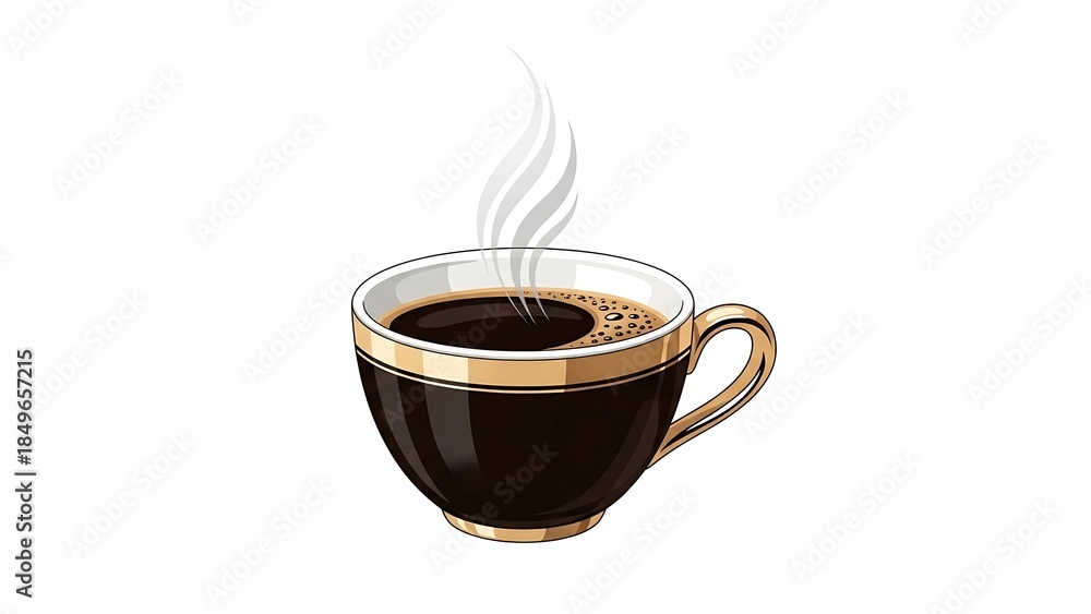 Obraz premium A steaming hot coffee cup on a plain white background with a clear glass body and golden handle.