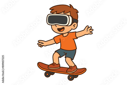 Cartoon boy wearing VR headset skateboarding