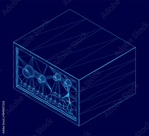 Fotografi A 3D wireframe box model on a blue background exhibits a clean, rhythmic pattern of lines
