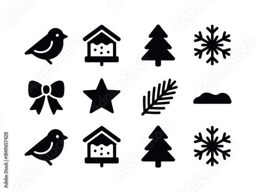 Cozy Winter Birds Icons. Cozy winter birds collection. Filled icon set of cozy winter birds collection: bird