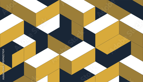 Geometric seamless pattern with 3D illusion in navy blue gold and white background texture