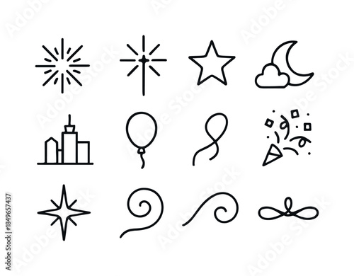 Fireworks Icon Collection. Fireworks night collection. Line outline icon set of Fireworks night collection: