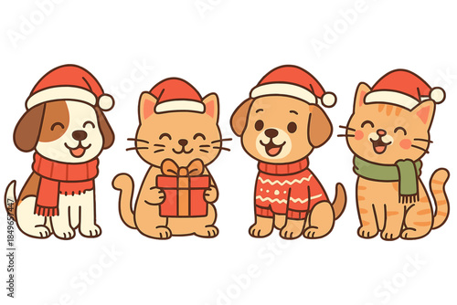 Cute Christmas puppies and kittens wearing Santa hats and scarves
